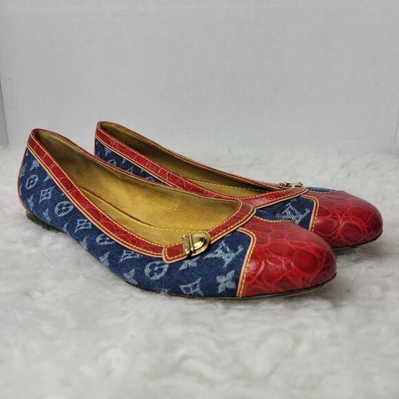 Louis Vuitton Womens Ballet Flat Size  6.5 US Monogram Denim Red Croc #AR0035 - Picture 1 of 12